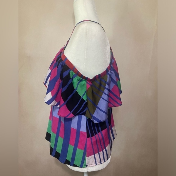 Express women's S geometric color block halter style ruffle top EUC - Picture 5 of 6